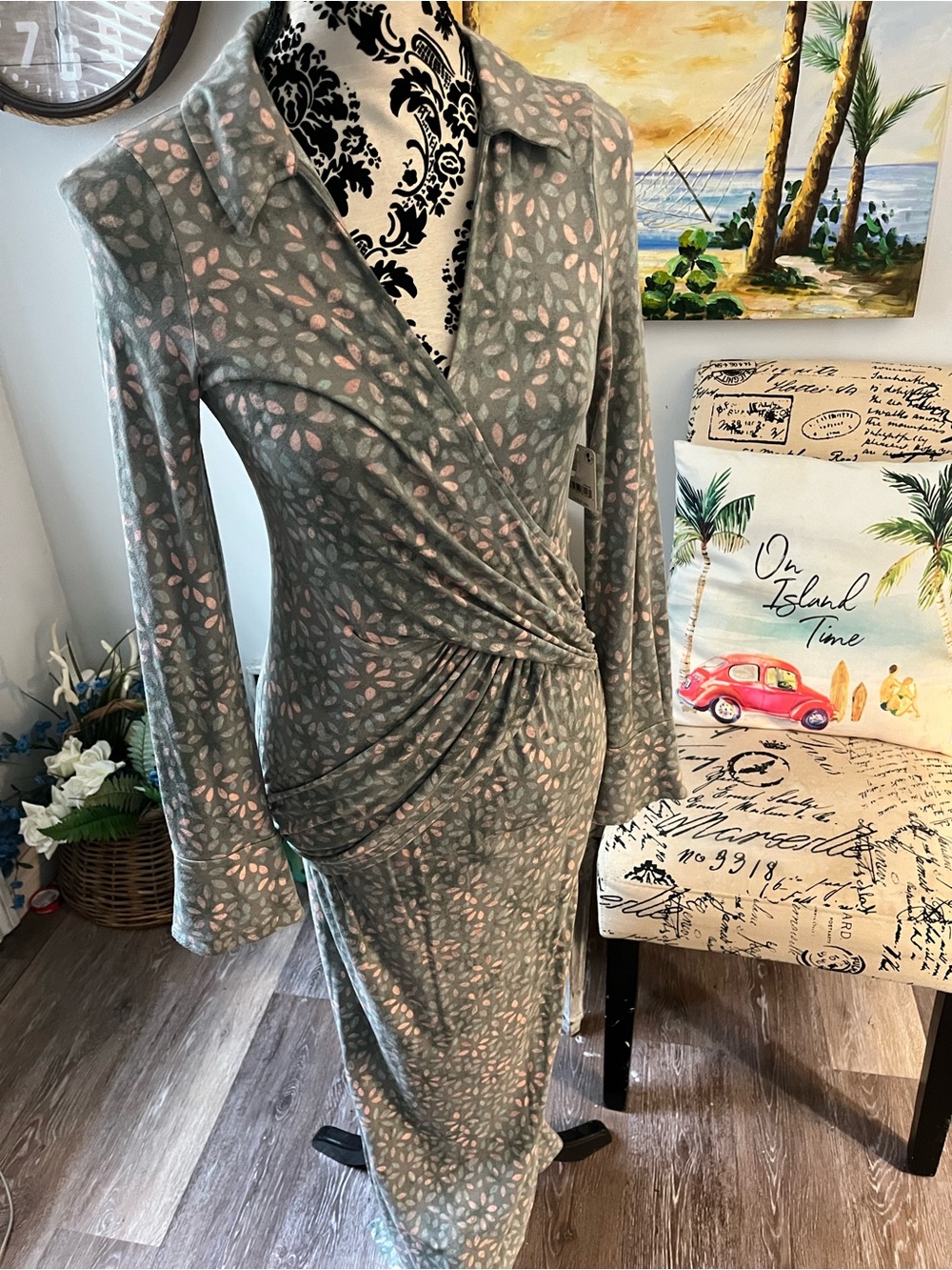 NWT Free People Textured Faux-Wrap Maxi Dress - Sage Floral, Small - Picture 4 of 11